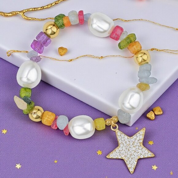 🆕 Y2K Style Colorful Gemstone Bracelet W/ Zirconia Star Charm Stainless Steel - Picture 1 of 13